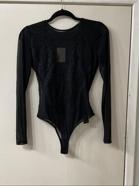 Marciano Sheer Lace-Panel Long Sleeve Black Bodysuit